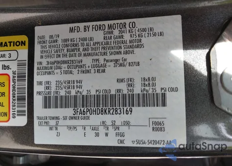 2019 Ford Fusion Se z USA, uszkodzony, nr VIN 3FA6P0HD8KR283169